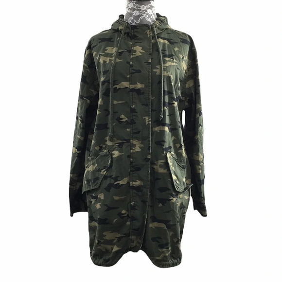 BP Nordstrom Green Camo Cotton Hooded Jacket Womens Small Snap Zip Up Longline - Picture 1 of 11